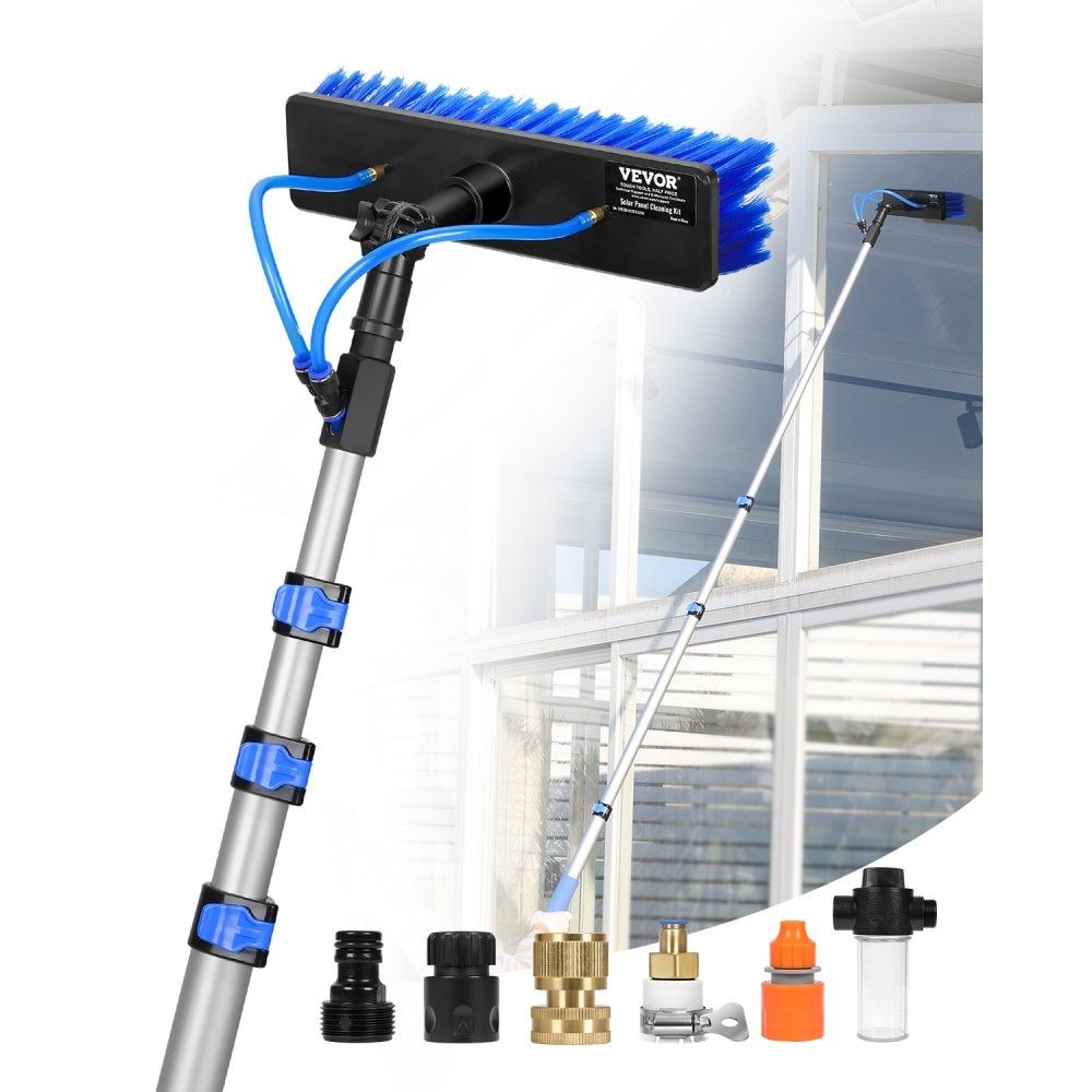 12FT Water Fed Solar Panel Cleaning Pole Kit with Rotating Brush and 65.6FT Hose