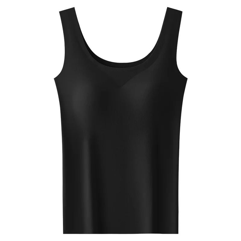 Ice Silk Seamless Camisole with Built In Chest Pads Wide Shoulder Sleeveless Tank Top for Women