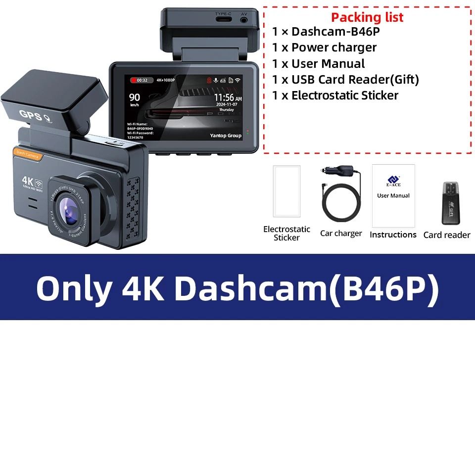 4K Front and Rear Car Camera with GPS WIFI and Night Vision Dash Cam Recorder