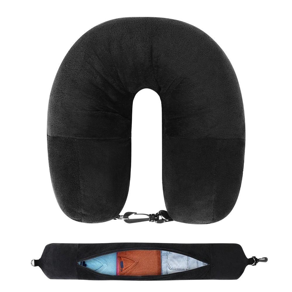 Travel Neck Pillow with Fillable Clothing Case and Velvet Cover for Airplane and Road Trips
