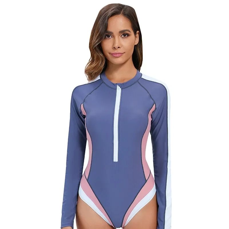 Womens Long Sleeve One Piece Swimsuit UV Protection Slim Fit Swimwear with Zipper