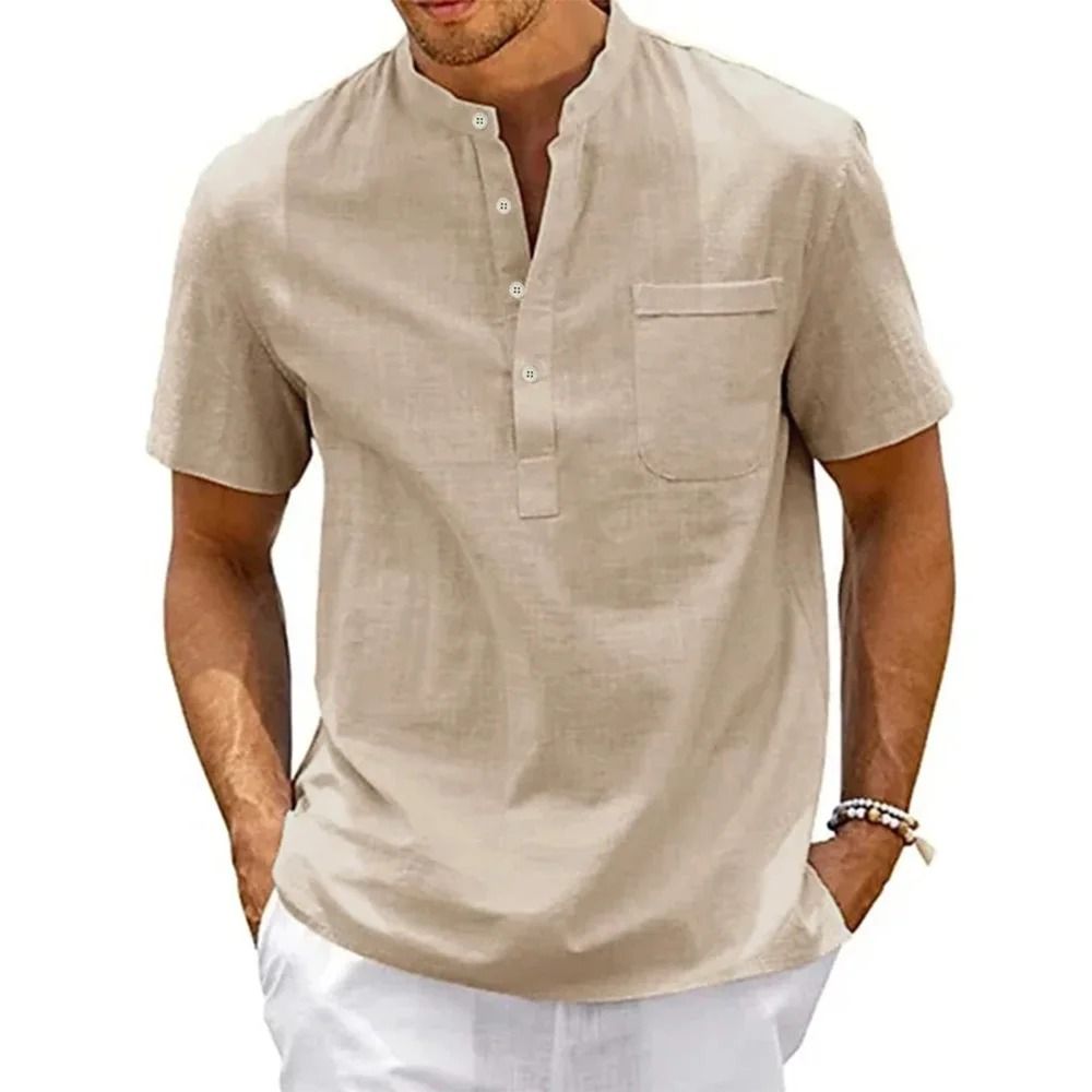 Mens Cotton Linen Henley Shirt Casual Short Sleeve - Khaki L | Uplifted Goods