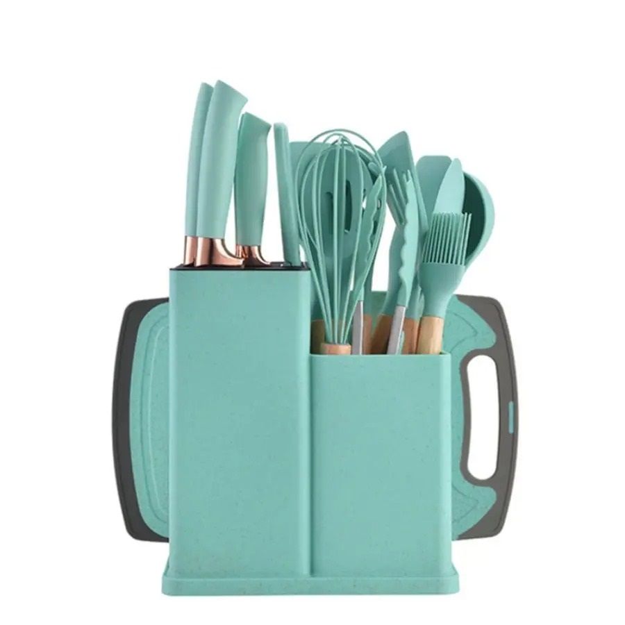 19 Piece Food Grade Silicone Kitchenware Set with Knives and Cutting Board