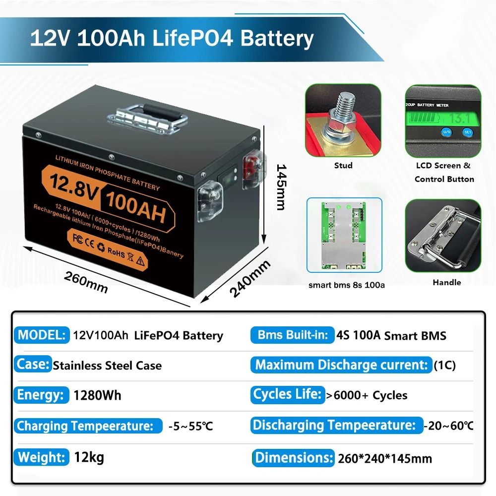 Rechargeable LiFePO4 Lithium Battery with BMS for Solar Inverter and RV Power Storage