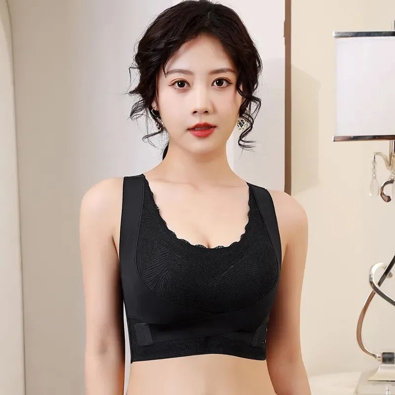 Elegant Front Buckle Lace Wireless Bra with Criss Cross Back