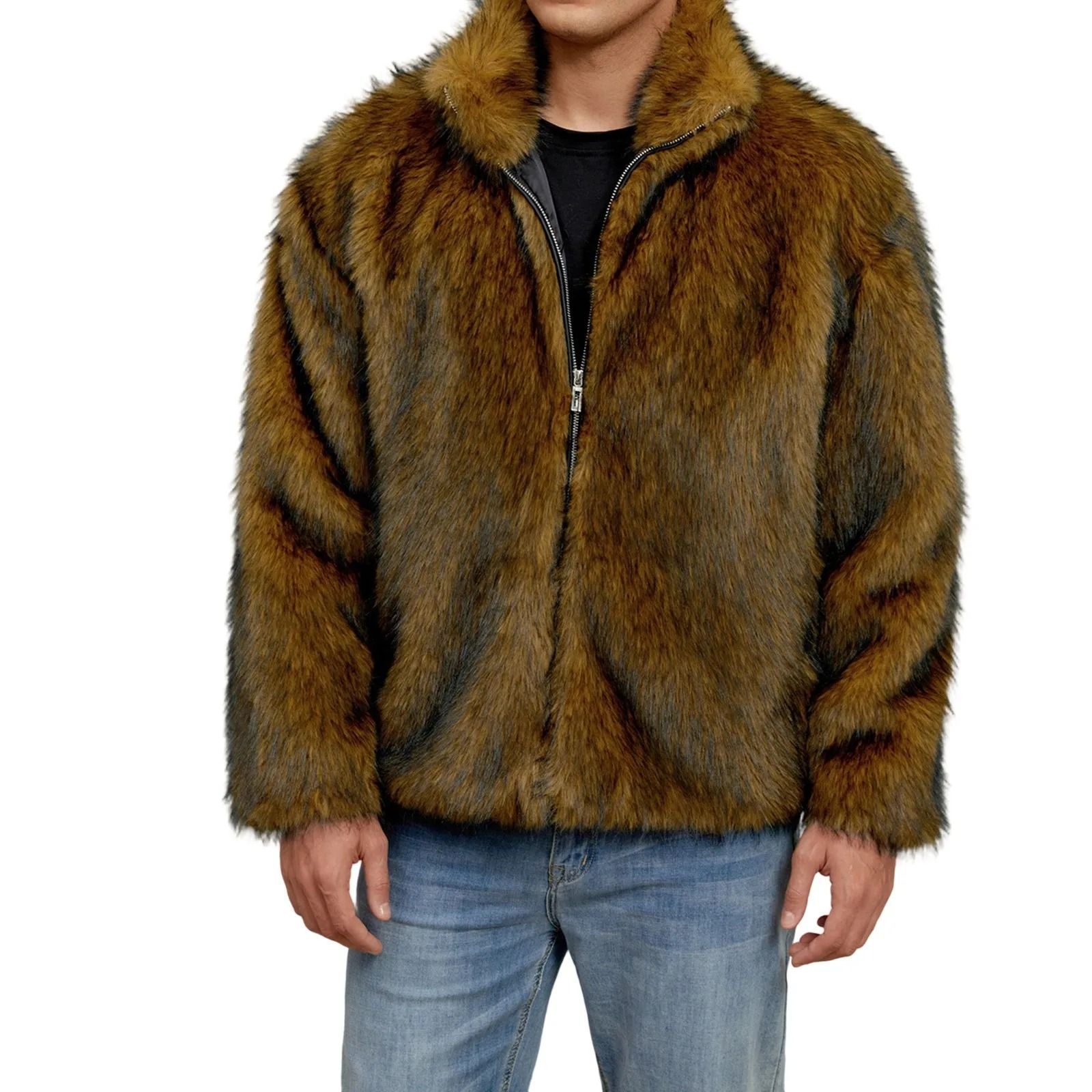 Mens Faux Fur Winter Jacket with Stand Collar and Zip Up Closure