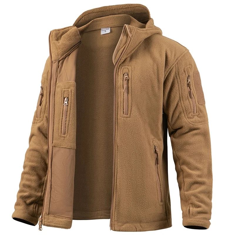Mens Winter Tactical Fleece Jacket with Multiple Pockets and Hood