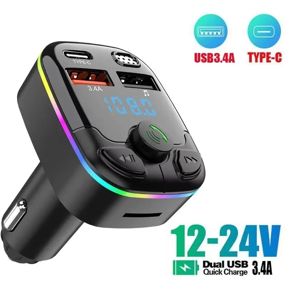 Car Bluetooth Five Point Zero FM Transmitter with Dual USB Type C and Ambient Light