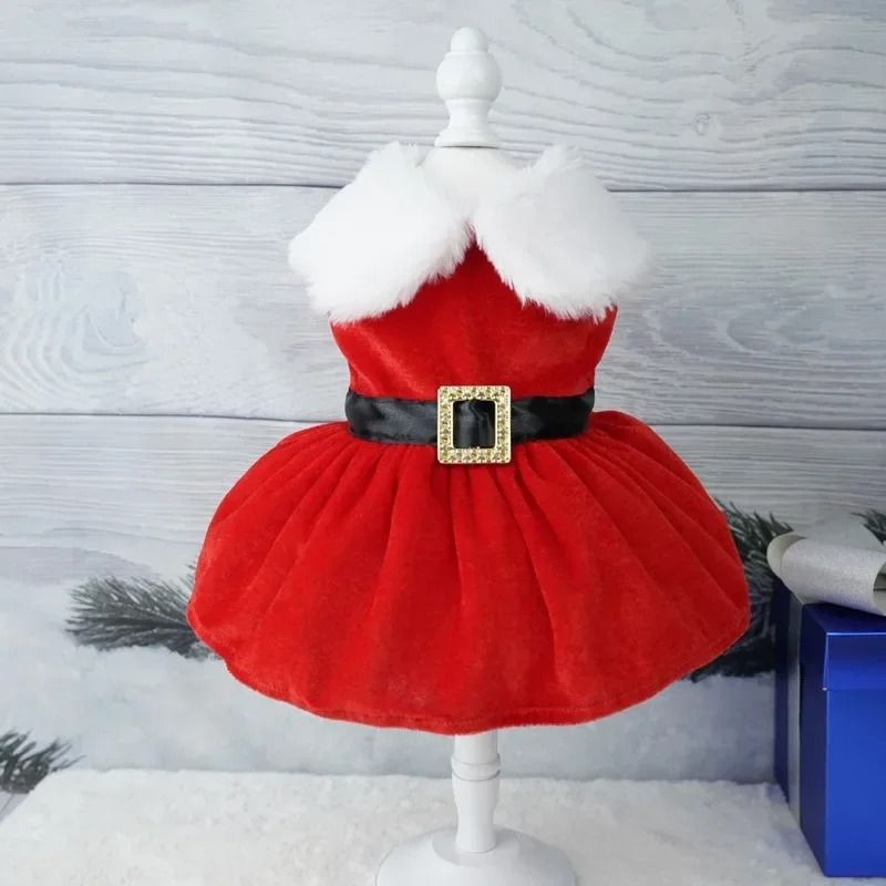 Festive Christmas Red Dress for Dogs and Cats with Warm Bow Frock Design
