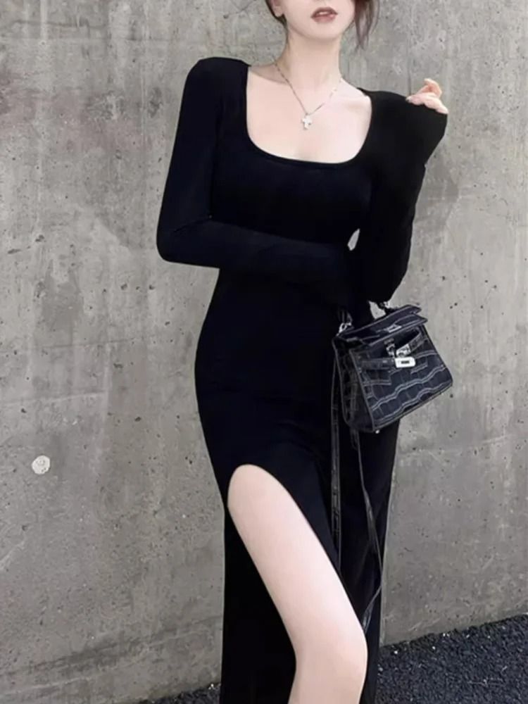 black square neck mini dress long sleeve Square Neck Smocked Long Sleeve Dress Black Extra small main image 1