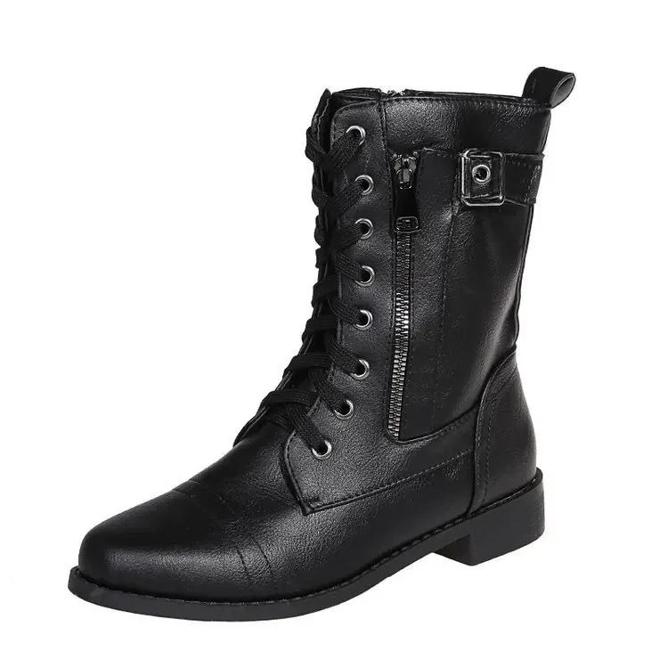 Women Retro Western Motorcycle Boots Zipper Mid Calf Plus Size Short Botas