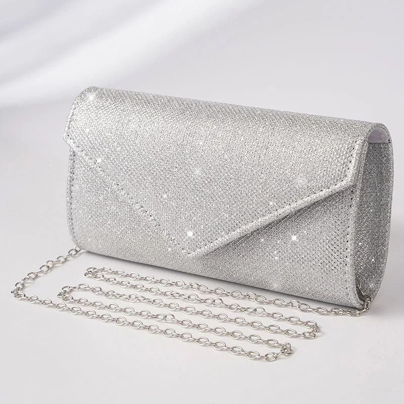 Elegant Silver Glitter Envelope Evening Bag – Shiny Ladies Chain Shoulder Bag for Weddings & Parties