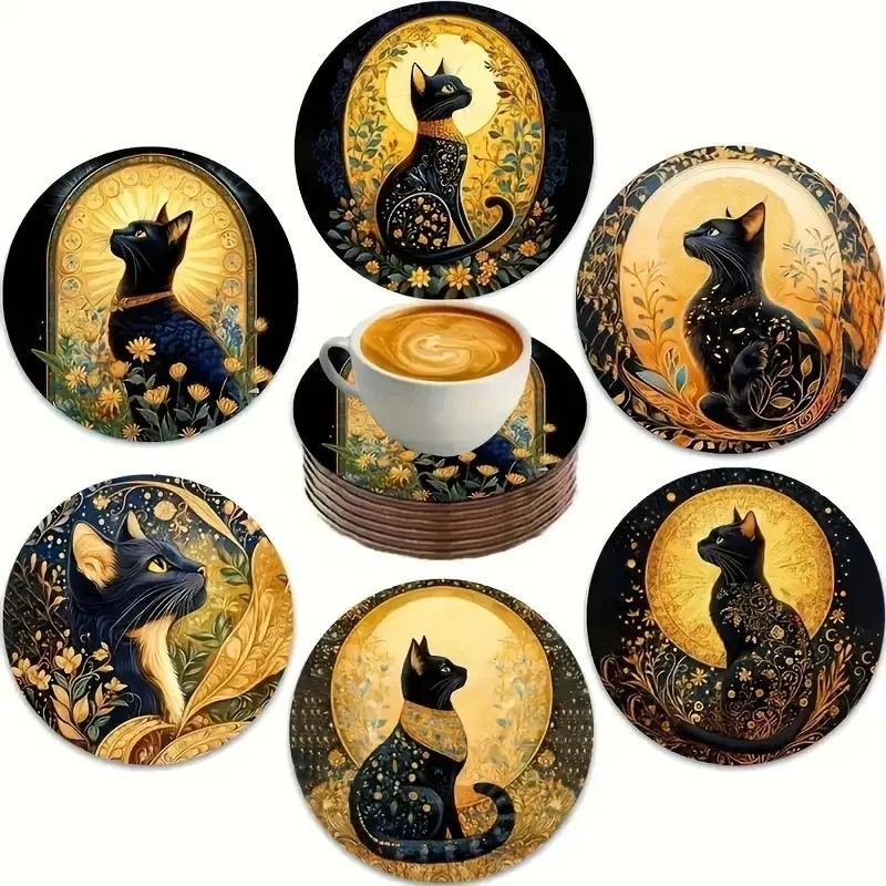 Wooden Cat Pattern Coaster Set Six Piece Insulation Mats for Cups