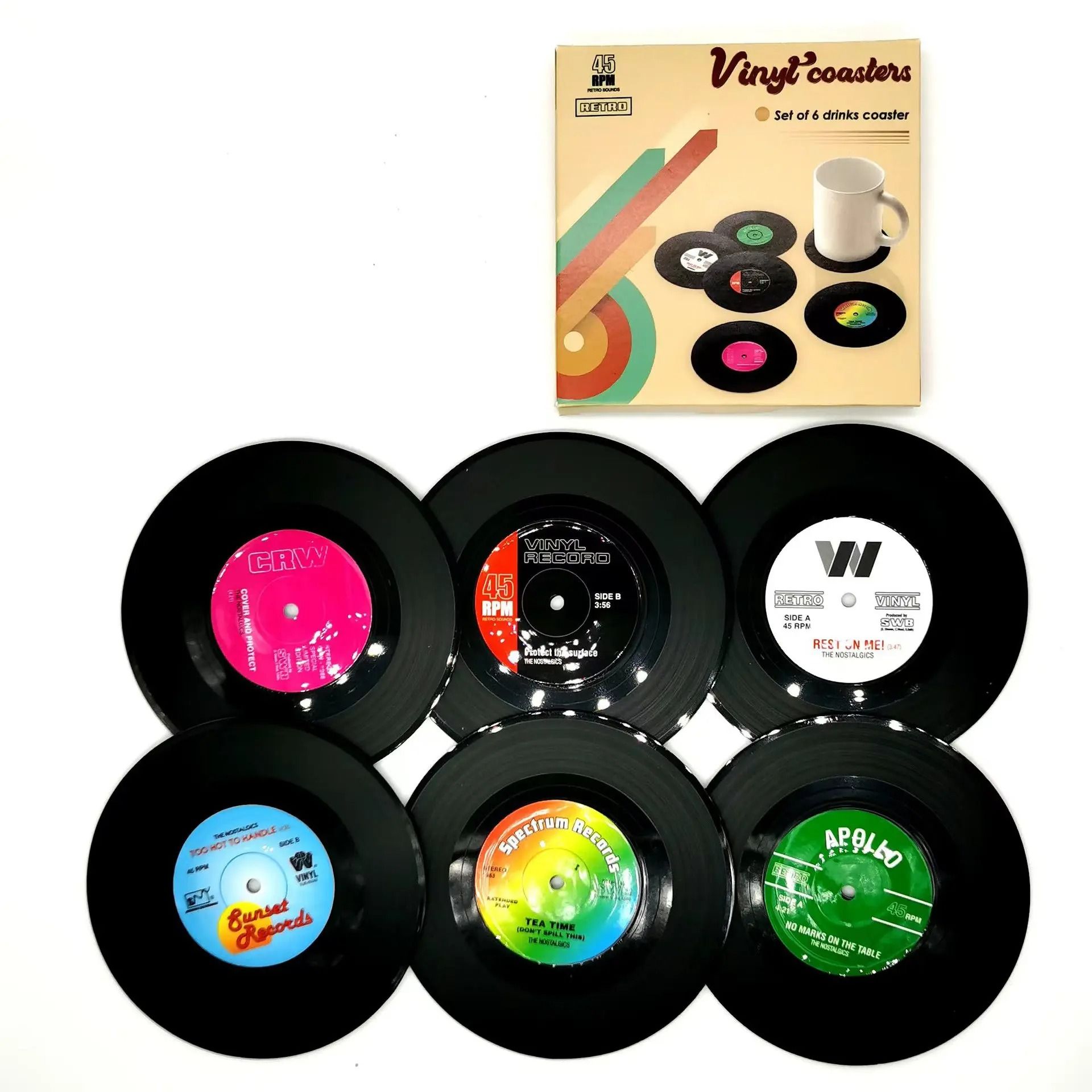 6 Piece Retro Vinyl Record Coaster Set with Storage Rack