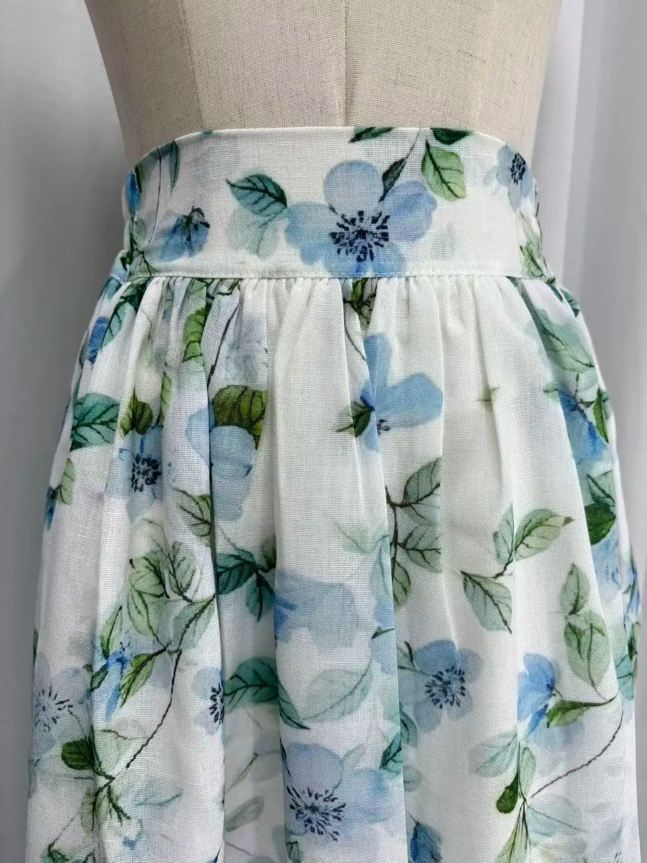 Watercolor Floral Linen High Waist Midi Skirt