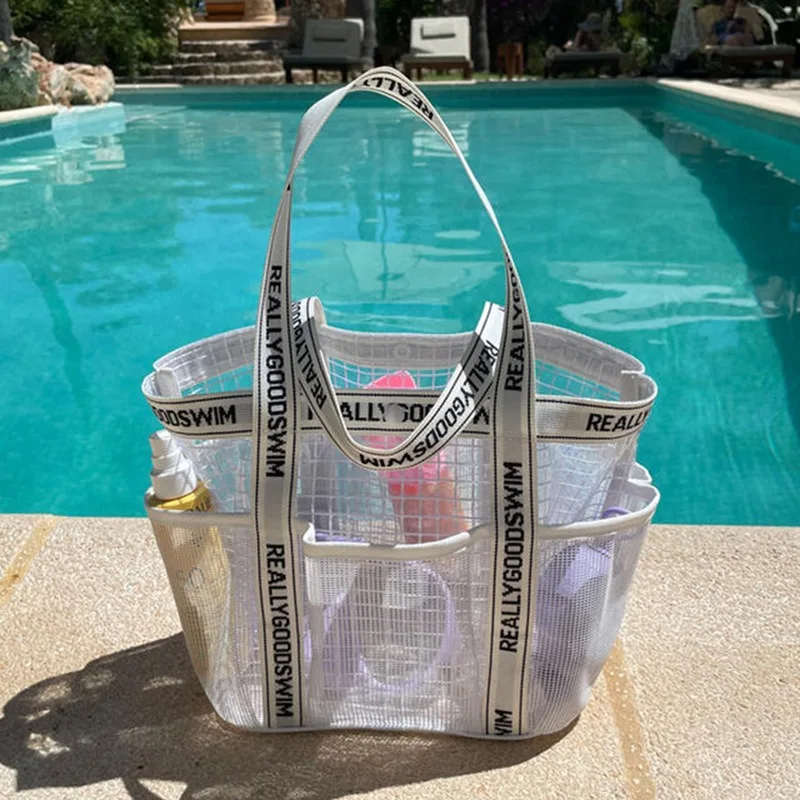 Waterproof PVC Beach Tote Bag Large Capacity Swim Bag with Wet Dry Separate Multi Pocket for Travel Toiletry Organizer