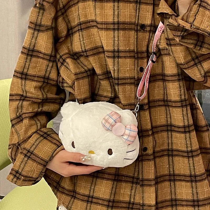 Plush Shoulder Purse, Hello Kitty Bow, Cute Crossbody Bag, White Cat Bag, Fashion Gift for Girls, Women, Kids