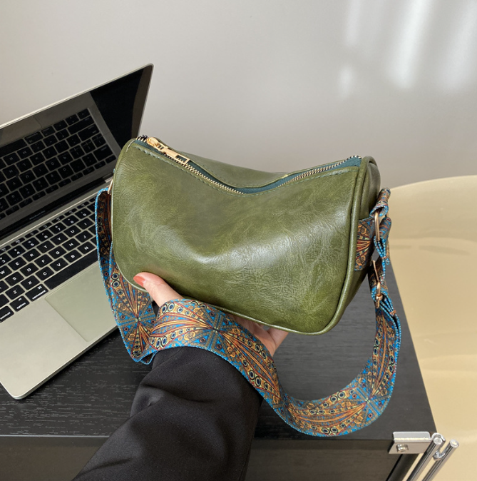 Leather Women Fashion, Vintage Solid Color Crossbody Bag, Simple Bucket Shoulder Sling, High-Capacity Wide Strap Bag