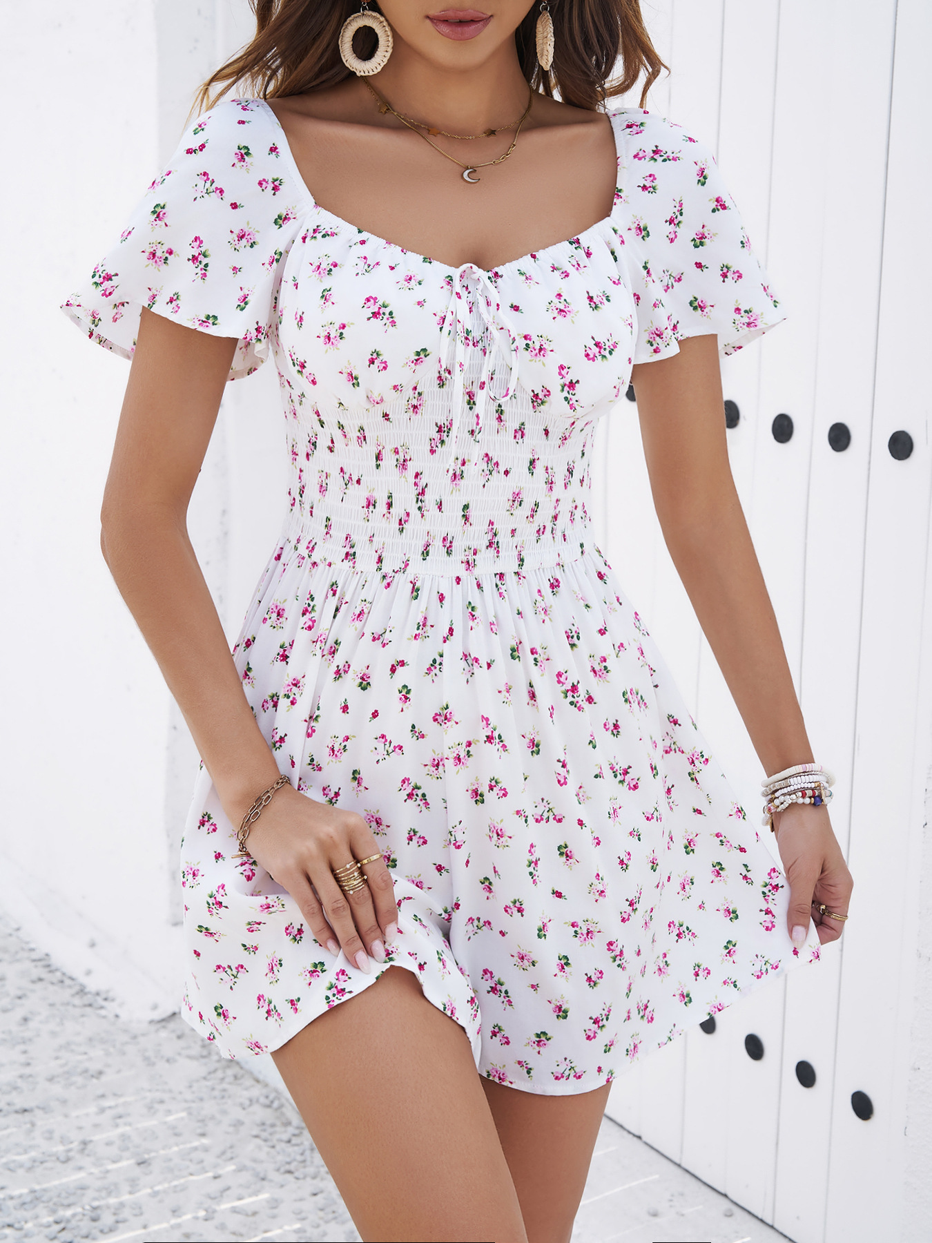 French Style Square Neck Dress for Women Elegant Waist Slimming A Line Mini Dress with Short Sleeves