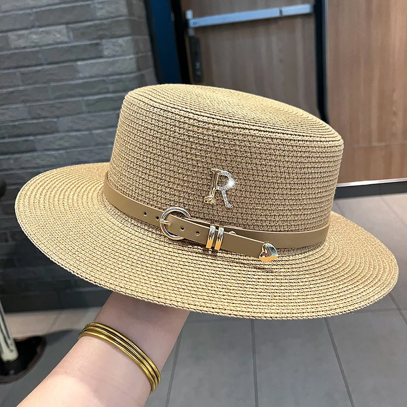 Vintage Women's Straw Hat with Rhinestone Band Beach Sun Hat for Elegant Summer Style