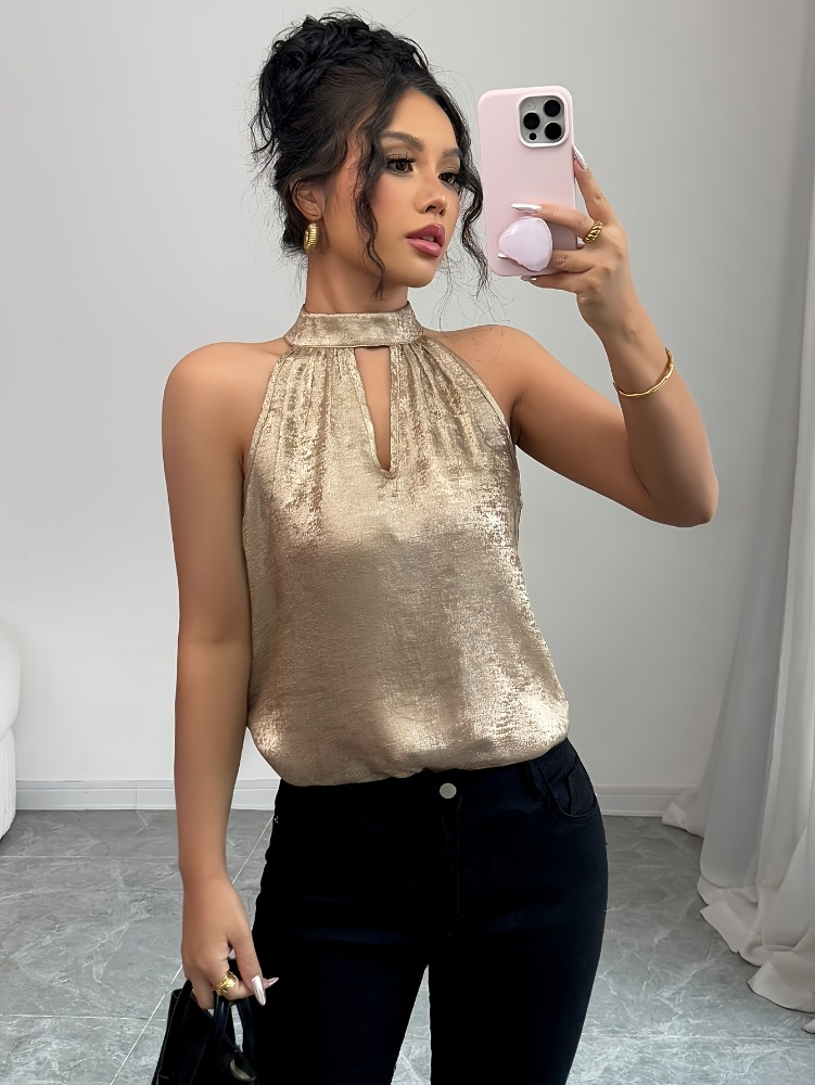 Champagne Luxe Halter Neck Top with Off Shoulder Cutout Elegant Sleeveless Blouse