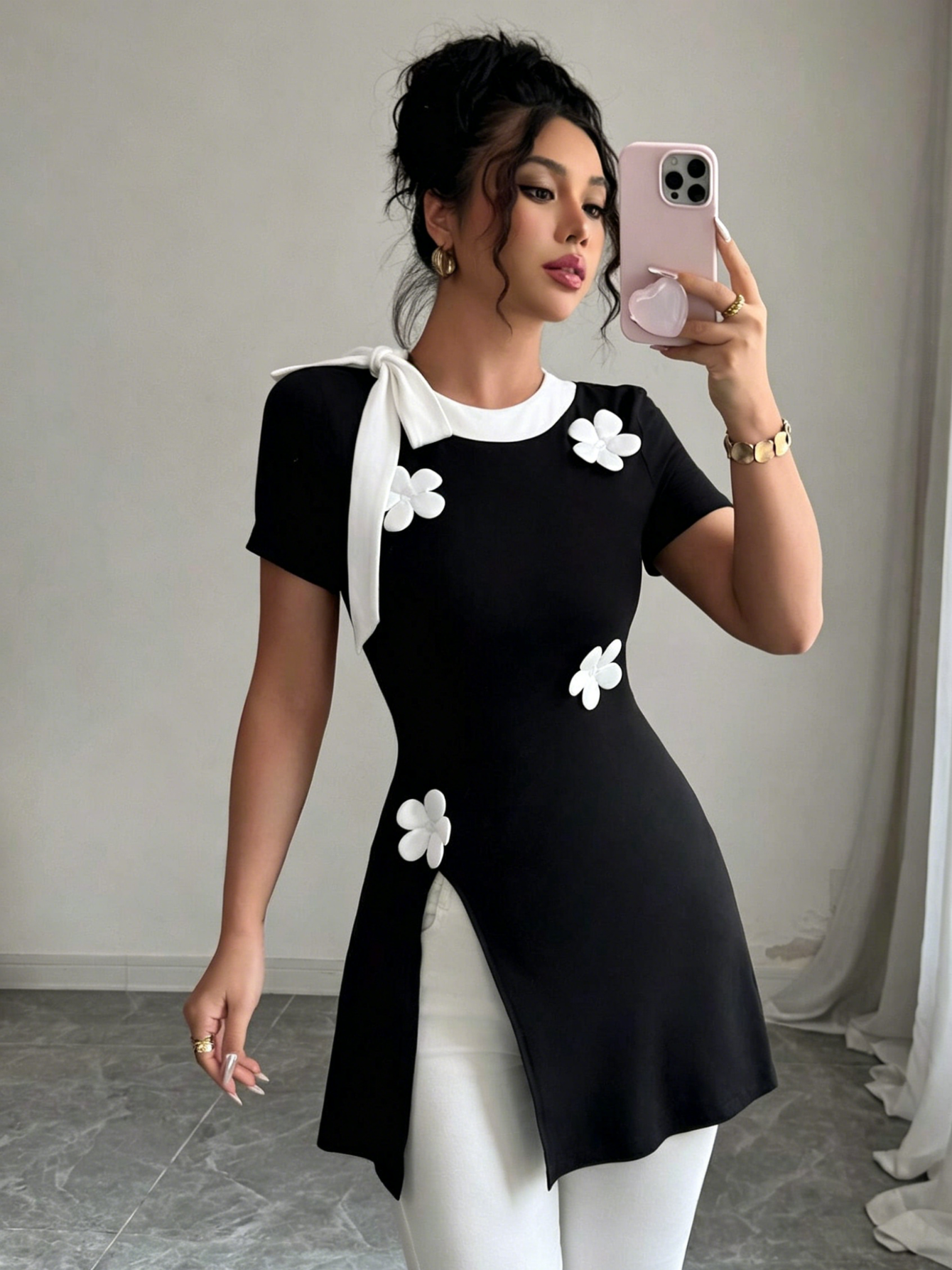 Elegant Bow Tie Blouse for Women V Neck Tunic Top Slim Fit Office Shirt