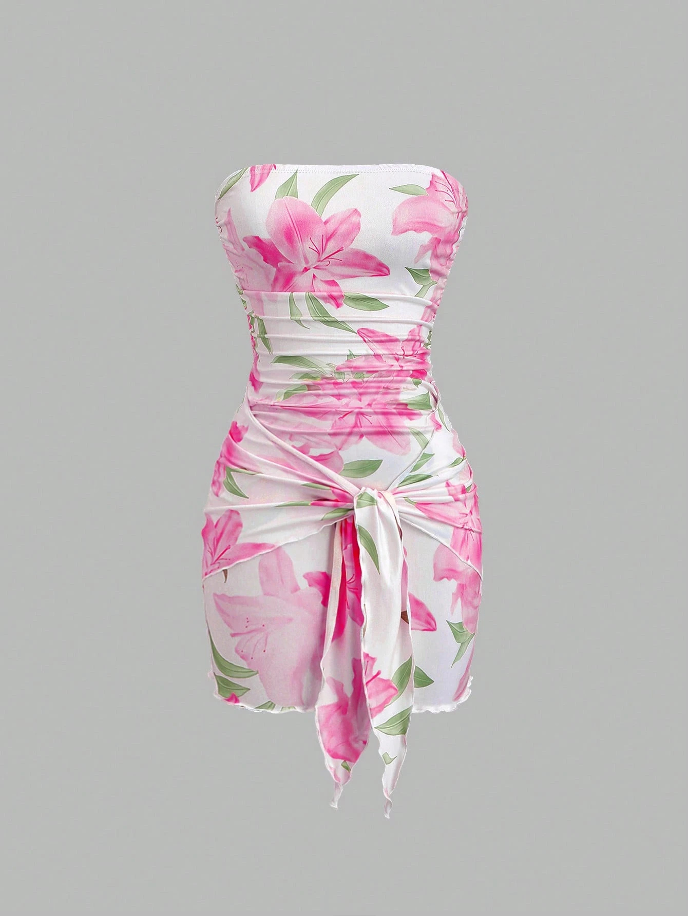Strapless Floral Dress for Women with Lily Print, Waist Tie & Bodycon Mini Fit