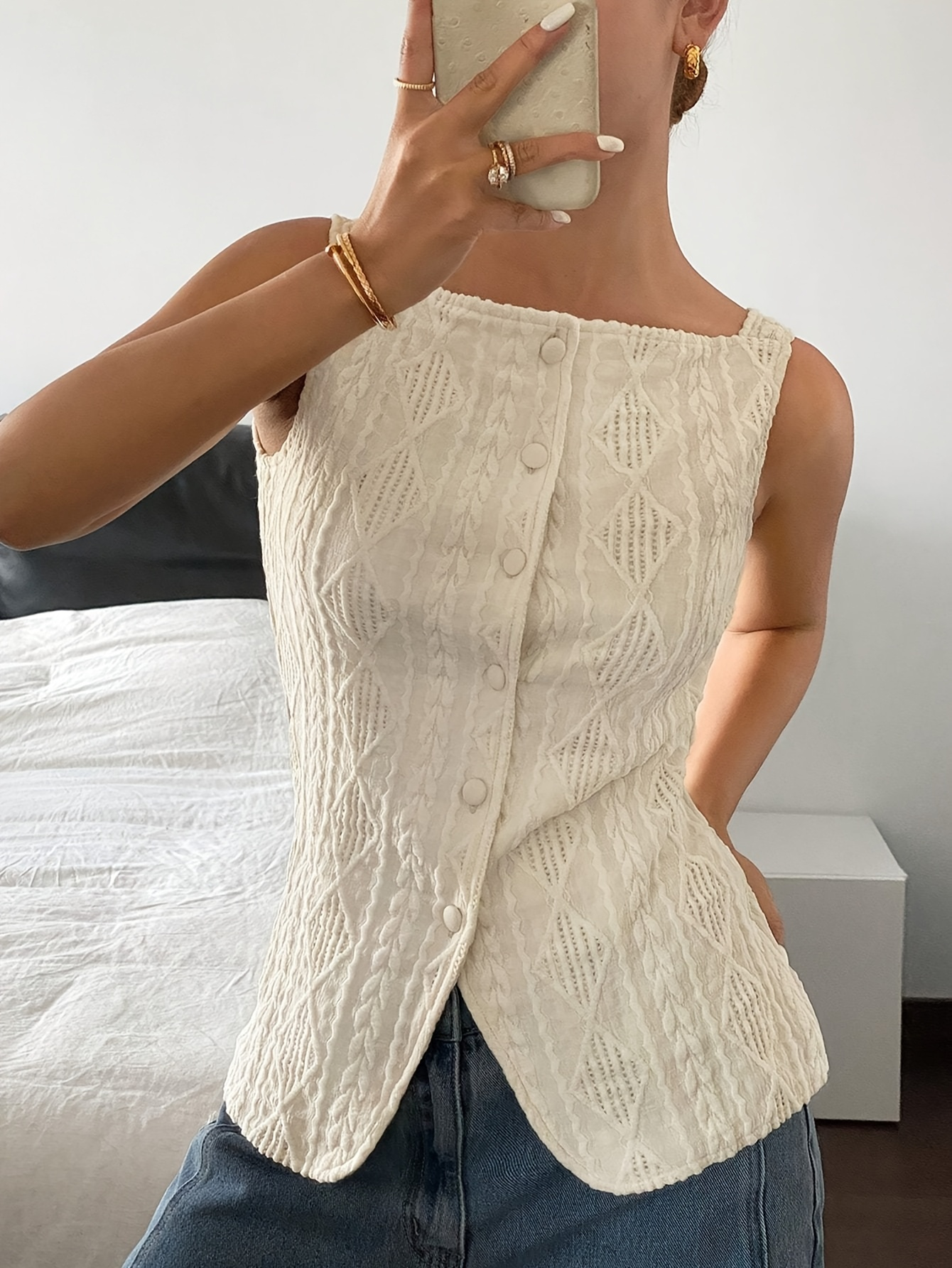 Women's Summer Sleeveless Blouse Geometric Textured Button Front Casual Office Top