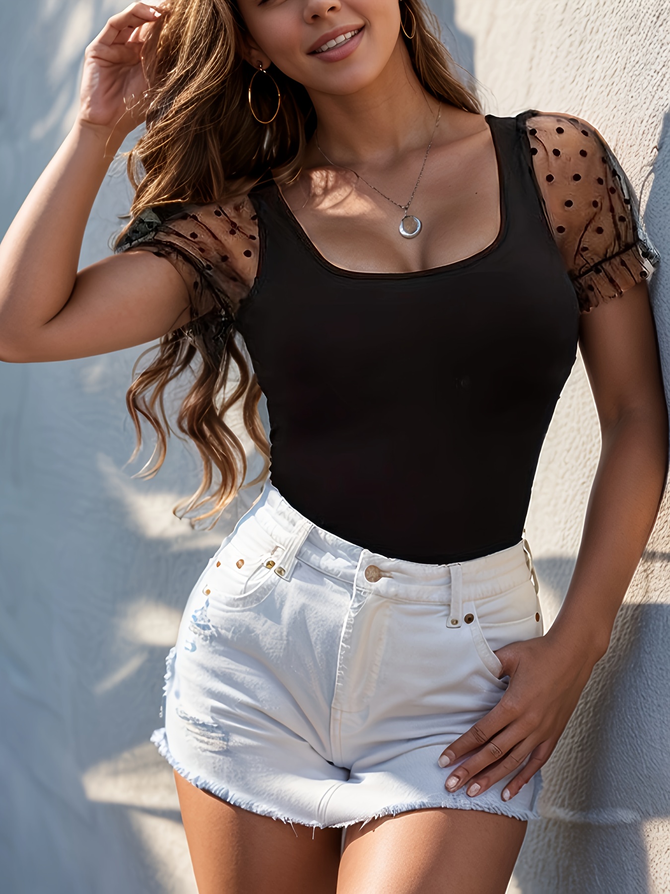 Elegant Square Neck Top for Women Mesh Patchwork Blouse Dressy Casual Summer T Shirt