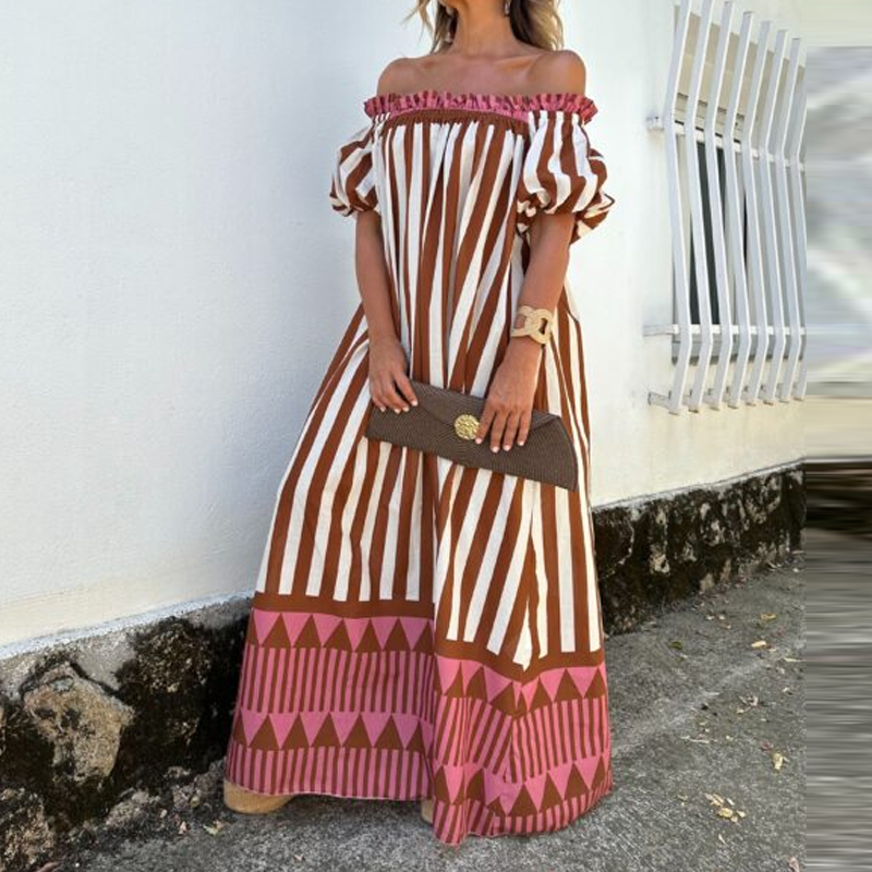 Bohemian Beach Striped Maxi Dress for Women with Puff Sleeves Loose Summer Vacation Style