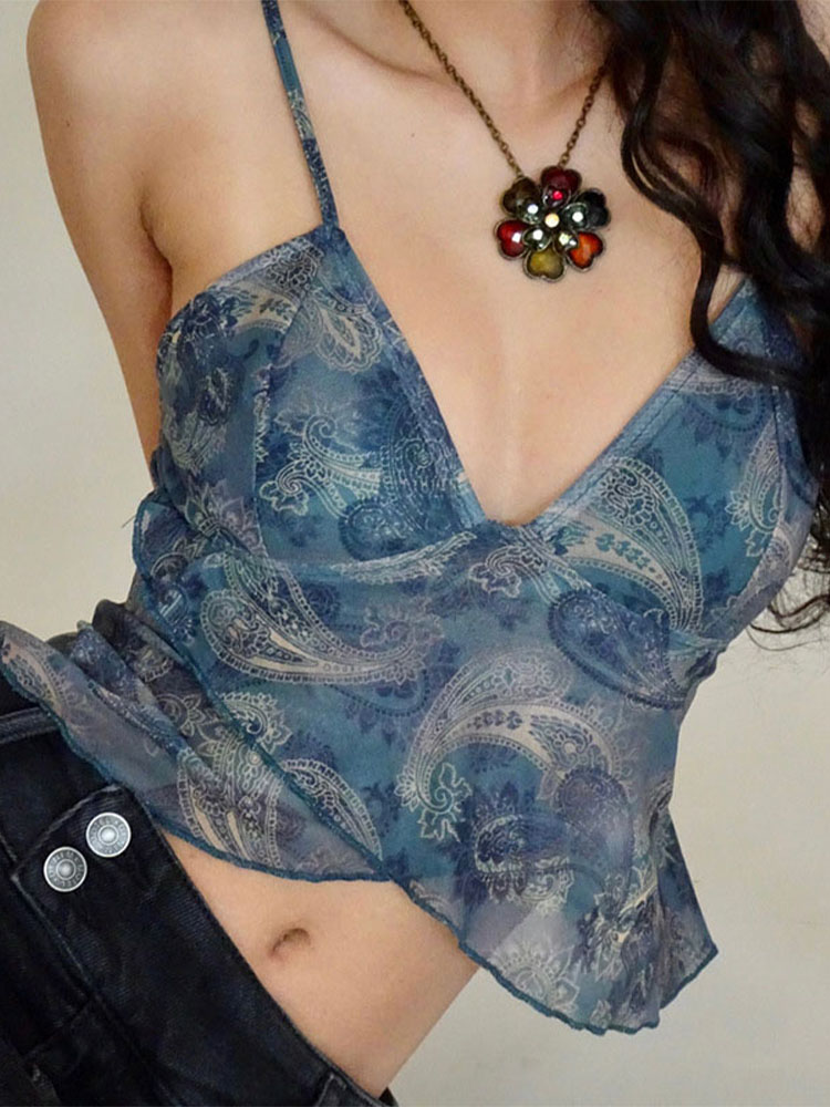 Sheer Printed Mesh Tank Top for Women V Neck Streetwear Camisole