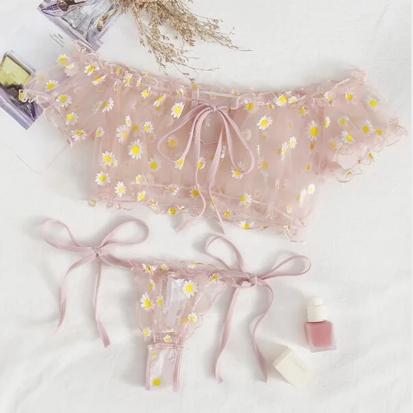 Floral Embroidery Lace Lingerie Set for Women Off Shoulder Sheer Bra and Thong