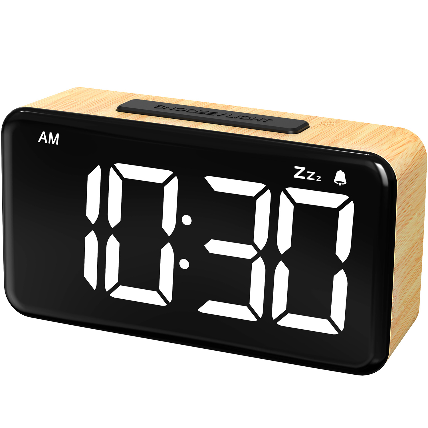 Wooden Digital Alarm Clock with LED Display, Adjustable Brightness & USB Powered Bedside Clock