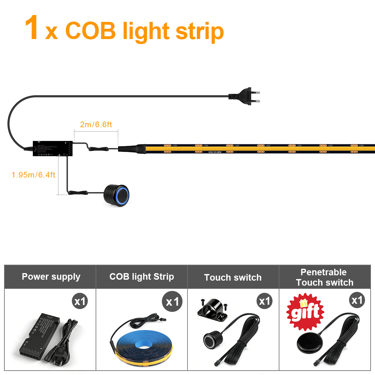 Smart COB LED Strip Light with Hidden Touch Sensor for Under Cabinet & Wardrobe Lighting