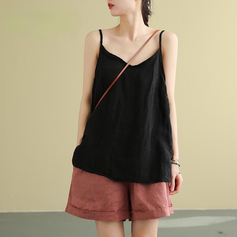 Women's Cotton Linen Spaghetti Strap Top Casual V Neck Summer Camisole