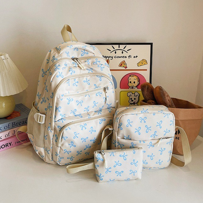 Korean Bow Print Women Backpack Lightweight Cute School Travel Bags