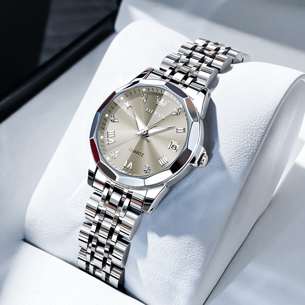 Elegant Womens Quartz Watch with Stainless Steel Bracelet and Calendars