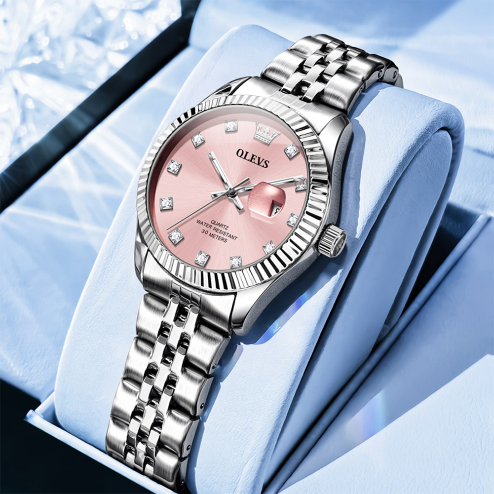 Elegant Womens Quartz Watch with Pink Dial and Stainless Steel Bracelet