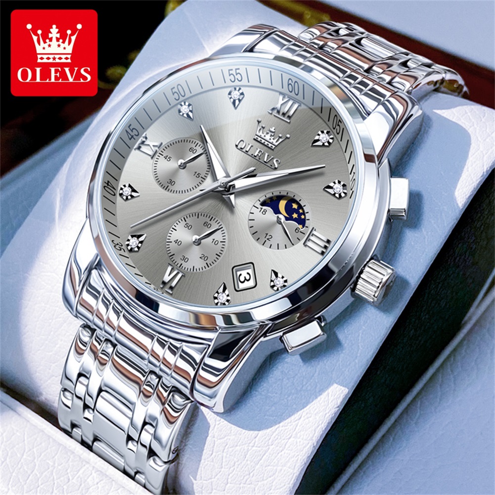 Mens Luxury Quartz Watch with Stainless Steel Design and Moon Phase Display