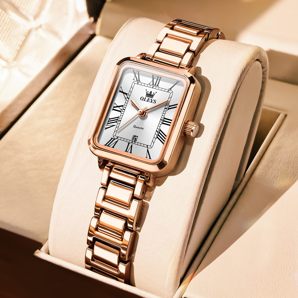 Luxury Square Rose White Dial Women's Quartz Watch Stainless Steel Fashion Timepiece