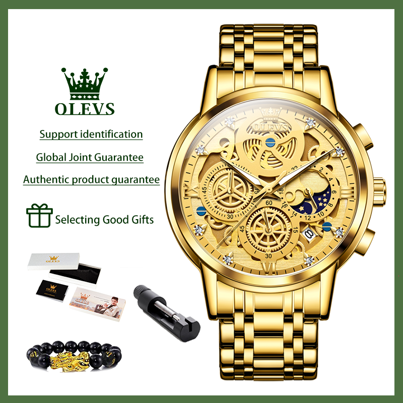 Luxury Gold Skeleton Stainless Steel Mens Watch with Automatic Style Design