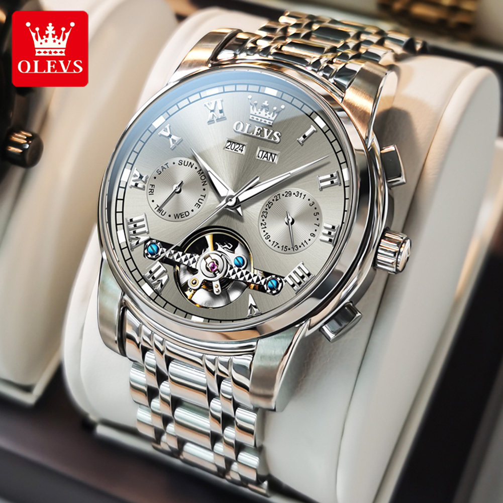 Luxury Skeleton Mechanical Watch for Men Stainless Steel Automatic Flywheel Dual Calendar Wristwatch