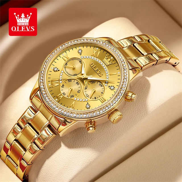Luxury Diamond Dial Gold Stainless Steel Women Quartz Watch with Classic Three Dial Design