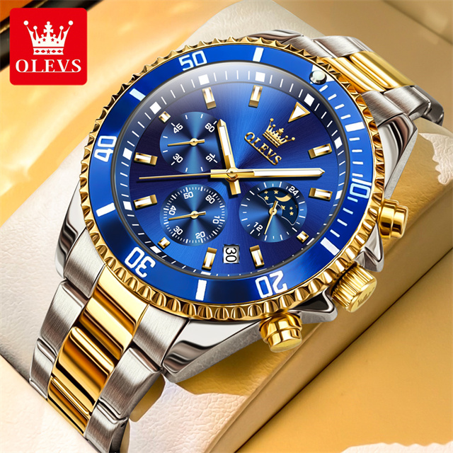 Original Quartz Watch for Men Stainless Steel Waterproof Chronograph Moon Phase Luxury Sports Wristwatch