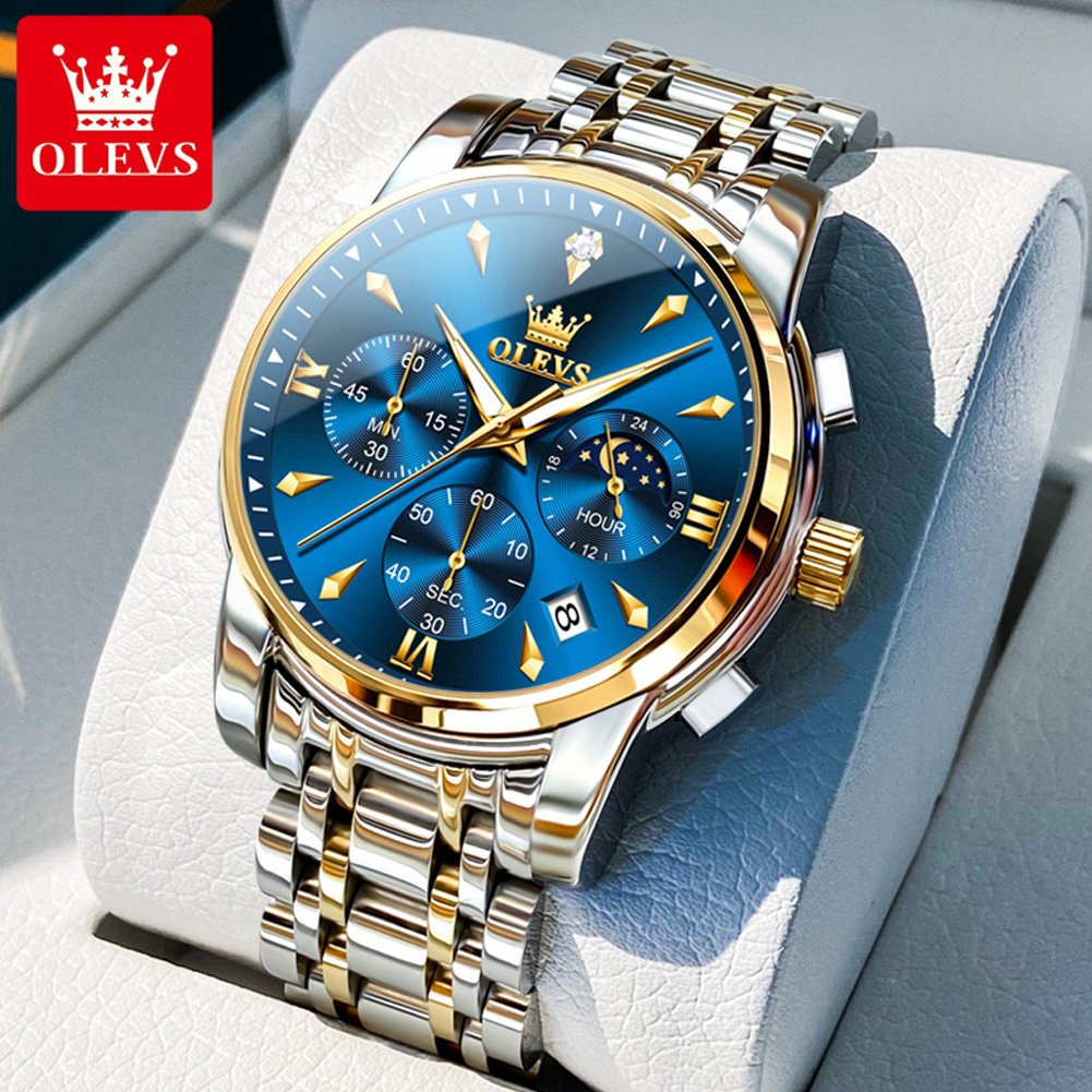 Luxury Mens Moon Phase Chronographs Stainless Steel Waterproof Quartz Watch