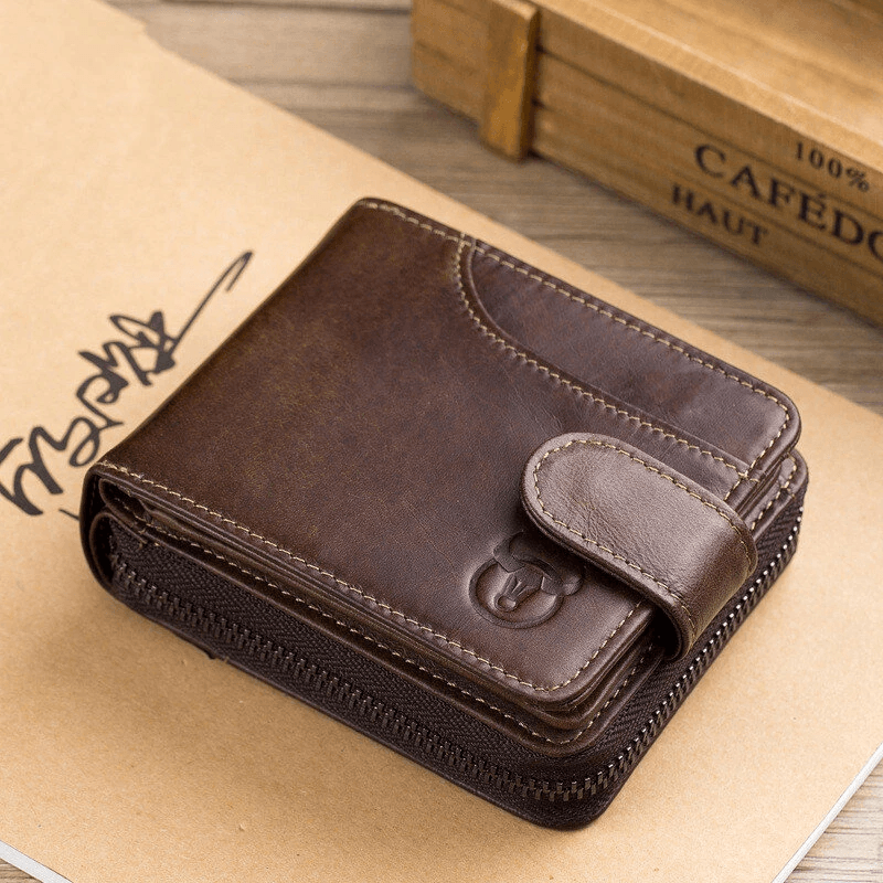 Men's Genuine Leather RFID Blocking Zipper Wallet with Coin Pocket