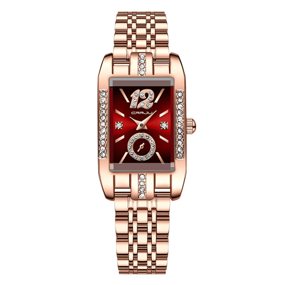 Rectangular Womens Quartz Watch with Rhinestone Dial and Stainless Steel Strap