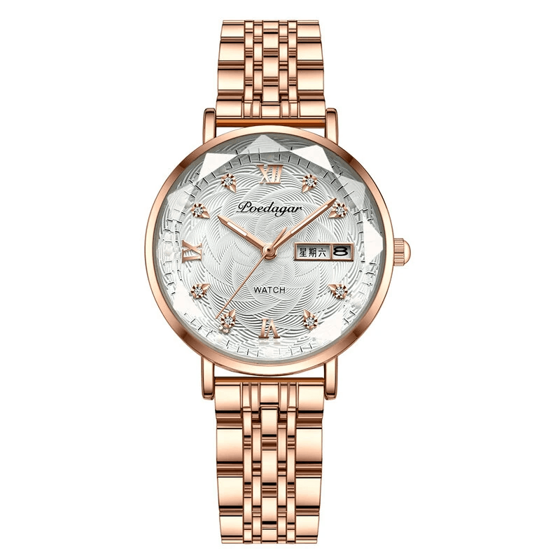 Elegant Rhinestone Womens Quartz Watch with Luminous Display and Stainless Steel Band