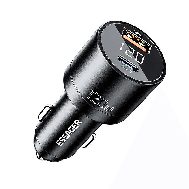 Dual Port USB Car Charger with USB C PD Fast Charging and Digital Display
