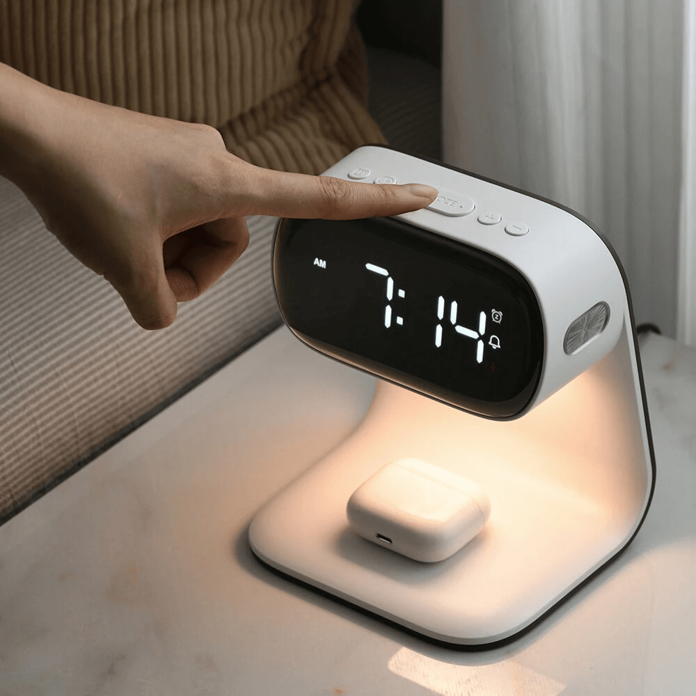 Wireless Charging Bedside Lamp with Digital Alarm Clock and Dimmable Touch Night Light